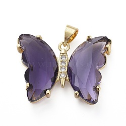 Brass Micro Pave Clear Cubic Zirconia Pendants, with Glass, Butterfly, Golden, Lilac, 20x26.5x5mm(ZIRC-P079-A01-06)