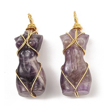 Natural Amethyst Pendants, with Golden Tone Rack Plating Brass Wire Wrap, Long-Lasting Plated, Lead Free & Cadmium Free, Human, 52x18.5x2.2mm, Hole: 4.8mm