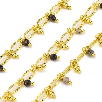 Handmade Faceted Natural Labradorite Beaded Chains, Soldered, with Spool, Long-Lasting Plated, Real 18K Gold Plated, Lead Free & Cadmium Free, Oval Links: 8x4x1.5mm, Beads: 3~3.5mm