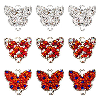 ARRICRAFT 18Pcs 3 Colors Rack Plating Alloy Connector Charms, with Polymer Clay Rhinestone, Cadmium Free & Lead Free, Platinum Plated, Butterfly, Mixed Color, 16x17x3mm, Hole: 1.8mm, 6pcs/color