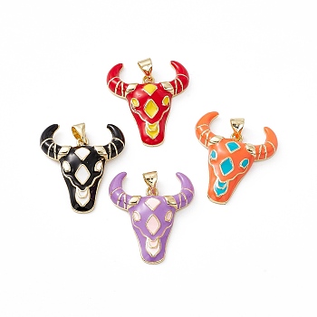 Brass Enamel Pendants, OX Head Charm, Lead Free & Cadmium Free, Real 18K Gold Plated, Mixed Color, 26x22.5x5mm, Hole: 3.5x4.5mm