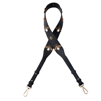 Adjustable PU Leather Purse Shoulder Straps, with Bee & Flower Stud, Alloy Swivel Clasps, Plastic Imitation Pearl Bead, for Bag Straps Replacement Accessories, Black, 109~117x4.45x1.1cm