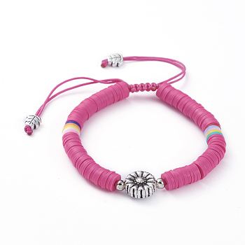 Adjustable Nylon Cord Braided Bead Bracelets, with Polymer Clay Heishi Beads, Iron Round Beads and Tibetan Style Alloy Beads, Deep Pink, 1-7/8 inch~3 inch(4.8~7.8cm)