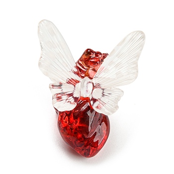 Transparent Resin Pendants, Butterfly Red Heart Charms with Golden Plated Iron Loops, White, 34.5x28x18.5mm, Hole: 1.8mm