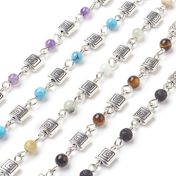 Handmade Natural & Synthetic Mixed Stone Beaded Chains, Unwelded, with Iron Needle and Alloy Finding, Antique Silver & Platinum, 4~5mm, 39.37 inch, 1m/strand