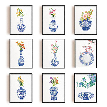 Oil Painting Style Chemical Fiber Canvas Hanging Wall Decor, Home Decoration Accessories, Rectangle with Blue & White Porcelain & Flower, Colorful, 200x250mm, 9pcs/set