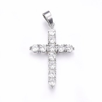 304 Stainless Steel Pendants, with Cubic Zirconia and Snap on Bails, Cross, Clear, Stainless Steel Color, 37.5x25x3.5mm, Hole: 5x7mm