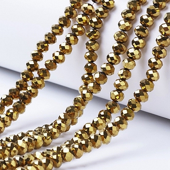 Electroplate Transparent Glass Beads Strands, Full Plated, Faceted, Rondelle, Golden Plated, 3.5x3mm, Hole: 0.4mm, about 123~127pcs/strand, 13.78 inch~14.17 inch(35~36cm)