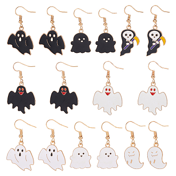 ANATTASOUL 8 Pairs 8 Style Halloween Ghost Enamel Dangle Earrings Sets, Golden Alloy Jewelry for Women, Black and White, 39~45mm, Pin: 0.8mm, 1 Pair/style