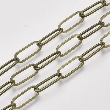 Unwelded Iron Paperclip Chains, Flat Oval, Drawn Elongated Cable Chains, with Spool, Antique Bronze, 16x7x1.6mm, about 82.02 Feet(25m)/roll