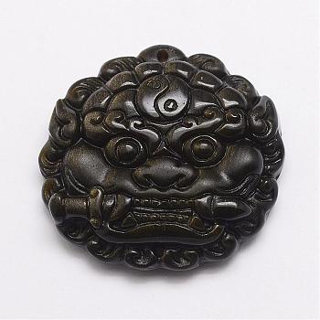 Feng Shui Natural Golden Sheen Obsidian Carven Pendants, Pixiu, Dark Khaki, 40.5x43x12mm, Hole: 2mm