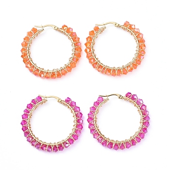 304 Stainless Steel Hoop Earrings, Beaded Hoop Earrings, with Glass Beads, Ring, Golden, Mixed Color, 40x42.5x4.2mm, Pin: 1x0.6mm, 2pairs/set