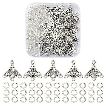 20Pcs Tibetan Style Alloy Chandelier Component Links, Fan with Flower, with 100Pcs Jump Rings, Antique Silver, Link: 20x18.5x1.5mm, Hole: 1.2mm, Jump Ring: 4x0.8mm