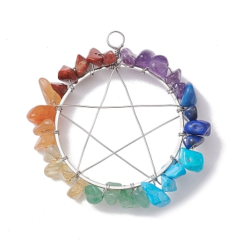 Chakra Gemstone Chips Copper Wire Wrapped Big Pendants, Pentagram Charms, Mixed Dyed and Undyed, Platinum, 49~50x44~49x7mm, Hole: 4mm