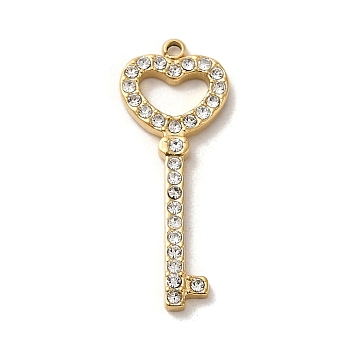 304 Stainless Steel Rhinestone Pendants, Heart Key Charm, Real 14K Gold Plated, 29x11x2mm, Hole: 1.6mm