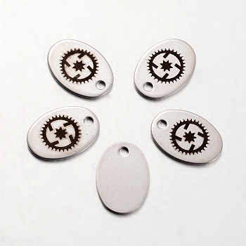 Spray Painted Stainless Steel Steampunk Pendants, Oval with Gear Pattern, Stainless Steel Color, 17x12x1mm, Hole: 2mm