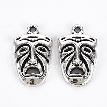 Tibetan Style Alloy Frowning Face Pendants, Cadmium Free & Lead Free, Abstract Face, Antique Silver, 25x15x3mm, Hole: 1.6mm, about 540pcs/1000g