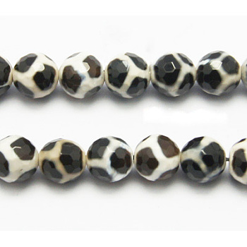 Tibetan Style Turtle Back Pattern dZi Beads, Natural Agate, Giraffe Skin Agate, Dyed, Faceted Round, 6mm, Hole: 1mm, about 62pcs/strand, 15 inch