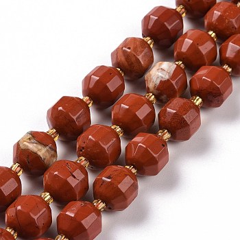 Natural Red Jasper Beads Strands, with Seed Beads, Faceted Bicone Barrel Drum, 9~10mm, Hole: 1.2mm, about 29~32pcs/strand, 14.45~14.84 inch(36.7~37.7cm)