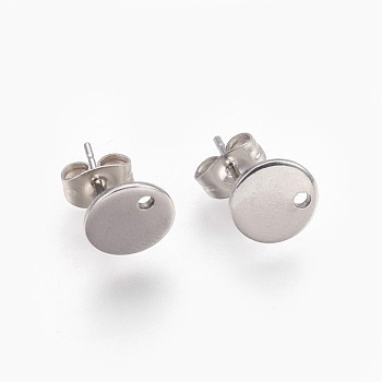 304 Stainless Steel Stud Earring Findings, with Loop and Flat Plate, Ear Nuts/Earring Backs, Flat Round, Stainless Steel Color, 8x1mm, Hole: 1.2mm, Pin: 0.8mm
