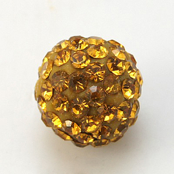 Pave Disco Ball Beads, Polymer Clay Rhinestone Beads, Grade A, Round, Topaz, 10mm, Hole: 1.0~1.2mm