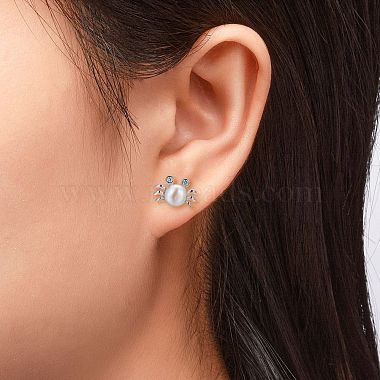 Crab Platinum Tone Rhodium Plated 925 Sterling Silver Cubic Zirconia Ball Ear Studs(EJEW-E174-04P)-6