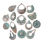 Tibetan Style Alloy Pendants, Red Copper & Green Patina, Mixed Shapes, 27~50x21~37.5x1.5~4mm, Hole: 1.4~2.5mm(FIND-B055-02)