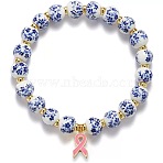 Alloy Enamel Charm Bracelets, Porcelain Blue and White Ceramic Round Beaded Stretch Bracelets for Women, Awareness Ribbon, Blue, 6.30 inch(16cm)~7.28 inch(18.5cm)(ZK7780-1)