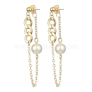 Brass Chains Tassel Earrings, Natural Pearl Beaded Dangle Stud Eearrings with 304 Stainless Steel Pins, Golden, 57x8mm(EJEW-TA00271)