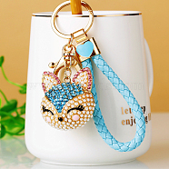 Full Rhinestone Pearl Fox Head Pendant Keychain, with Zinc Alloy Findings and Polyester Cord, for Women's Bag Pendant Decorations, Pale Turquoise, 100mm(WG98948-06)