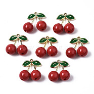 Alloy Enamel Pendants, with Opaque Acrylic, Cadmium Free & Lead Free, 3D Cherry with Green Leaf, Light Gold, 27x23.5x11.5mm, Hole: 1.6mm(ENAM-N056-186)