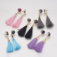 Tassel Dangle Stud Earrings, with Brass Findings and Dyed Natural Druzy Crystal, Mixed Color, 72~76mm, Pin: 0.8mm, Pendant: 60~63x7mm(EJEW-I212-A-G)