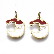 316 Surgical Stainless Steel Enamel Charms, for Christmas, with Jump Rings, Moon, Real 14K Gold Plated, 13.5x10.5x1mm, Jump Ring: 3.8x0.6mm, 2.6mm inner diameter(STAS-S116-404G)
