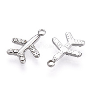 304 Stainless Steel Charms, Manual Polishing, with Rhinestone, Airplane Charm, Stainless Steel Color, 14x11x2mm, Hole: 1.4mm(STAS-T064-27P)
