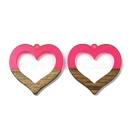 Resin and Walnut Pendants, Heart, Hot Pink, 34.5x35x3mm, Hole: 2mm(WOOD-I013-09C)