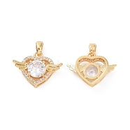 Brass Micro Pave Clear Cubic Zirconia Pendants, Heart with Wing Charms, Real 18K Gold Plated, 14.5x19.5x5mm, Hole: 2.3x4.5mm(KK-E068-VC447)
