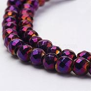 Electroplate Magnetic Synthetic Hematite Strands, Round, Grade A, Faceted, Purple Plated, 4mm, Hole: 1mm, about 108pcs/strand, 15.55 inch(G-F424-32C)