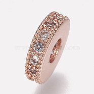 Brass Micro Pave Cubic Zirconia Bead Spacers, Flat Round, Clear, Rose Gold, 10x2mm, Hole: 3.5mm(ZIRC-K074-11B-01RG)