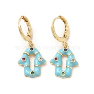 Hamsa Hand Real 18K Gold Plated Brass Dangle Hoop Earrings, with Cubic Zirconia and Enamel, Pale Turquoise, 29x13mm(EJEW-L268-040G-02)