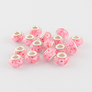 Large Hole Printed Acrylic European Beads, with Silver Color Plated Brass Double Cores, Faceted Rondelle, Pearl Pink, 14x9mm, Hole: 5mm(X-OPDL-R114-03A)