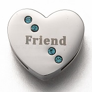 304 Stainless Steel Slide Charms, with Indian Sapphire Rhinestone, Heart with Word Friend, Stainless Steel Color, 12x13x3.5mm, Hole: 8x1.5mm(STAS-P270-38P)