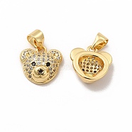 Rack Plating Brass Micro Pave Cubic Zirconia Charms, Cadmium Free & Lead Free, Real 18K Gold Plated, Long-Lasting Plated, Bear Head Charm, Clear, 11x12x4.5mm, Hole: 3.5x4.5mm(KK-G456-04G)