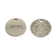 Tibetan Style Alloy Pendants, Flat Round with Word Karma, Lead Free & Cadmium Free, Antique Silver, 20x2mm, Hole: 2mm, about 292pcs/880g(TIBEP-12583-AS-RS)