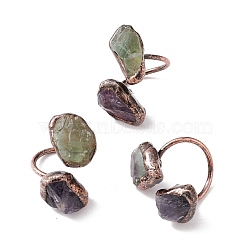 Natural Fluorite & Amethyst Irregular Nugget Open Cuff Ring, Red Copper Brass Chunky Ring for Women, Cadmium Free & Lead Free, US Size 12 3/4(22mm)(RJEW-I082-08R-01)