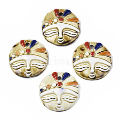 Handmade Porcelain Pendants, Flat Round with Face Pattern, Lemon Chiffon, 46~47.5x44~46.5x11~12.5mm, Hole: 4.5mm(PORC-T006-18A)