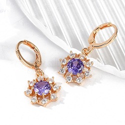 Brass Micro Pave Cubic Zirconia Leverback Earrings, Rack Plating, Long-Lasting Plated, Lead Free & Cadmium Free, Flower, Golden, 28.5x12.5mm(EJEW-K300-06G)