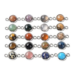 Natural & Synthetic Mixed Stone Connector Charms, Half Round/Dome Links with Stainless Steel Color Plated 304 Stainless Steel Frame, 17.5x10x3.5~4mm, Hole: 2.5mm(G-D059-01F)