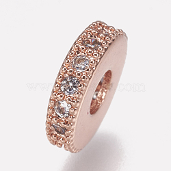 Brass Micro Pave Cubic Zirconia Bead Spacers, Flat Round, Clear, Rose Gold, 10x2mm, Hole: 3.5mm(ZIRC-K074-11B-01RG)