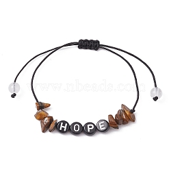 Natural Tiger Eye Chip Braided Bead Bracelets, Acrylic Word Bead Adjustable Bracelets for Women, Inner Diameter: 5/8~3-1/4 inch(1.7~8.2cm)(BJEW-JB09608-03)