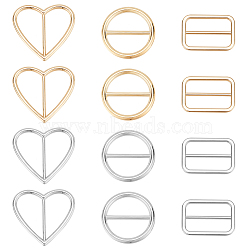 WADORN 12Pcs 6 Style Alloy Buckle Clasps, For Webbing, Strapping Bags, Garment Accessories, Heart/Rectangle/Flat Round, Mixed Color, 30~30.5x21~30.5x3mm, Hole: 23~25mm, 2pcs/style(HEAR-WR0009-24)